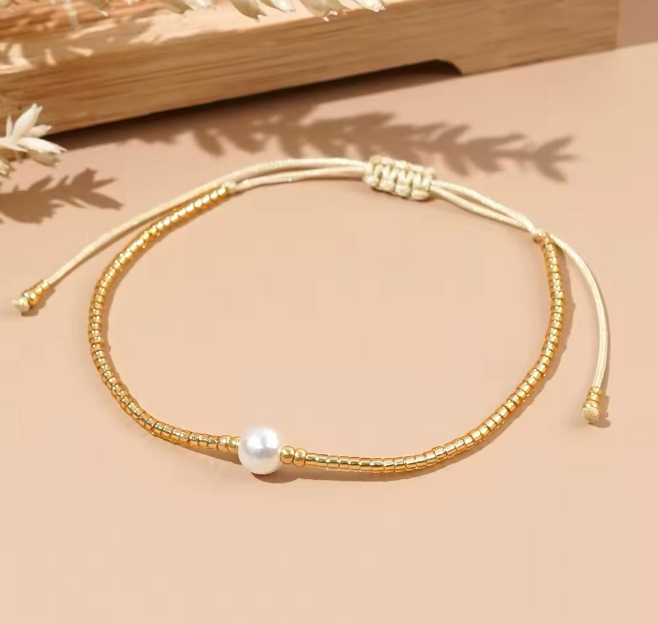 Gold Boho Tie Up Single Pearl Bracelet