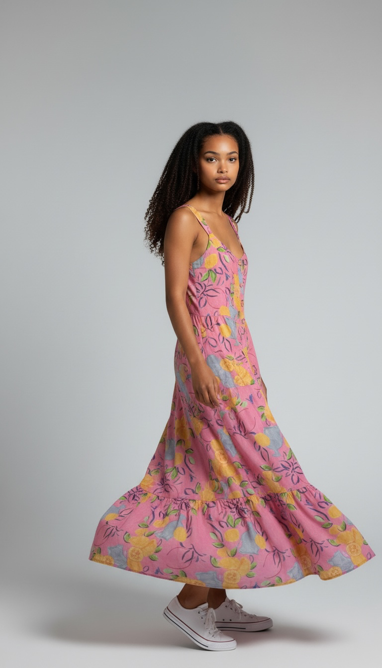 Pink Lemon Print Button-Front Tiered Midi Dress