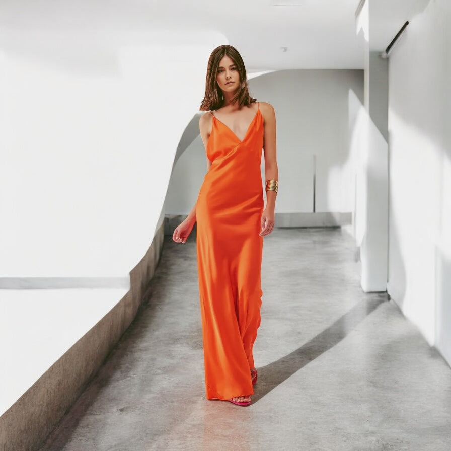 Italian Plunge Backless Maxi Dress Orange