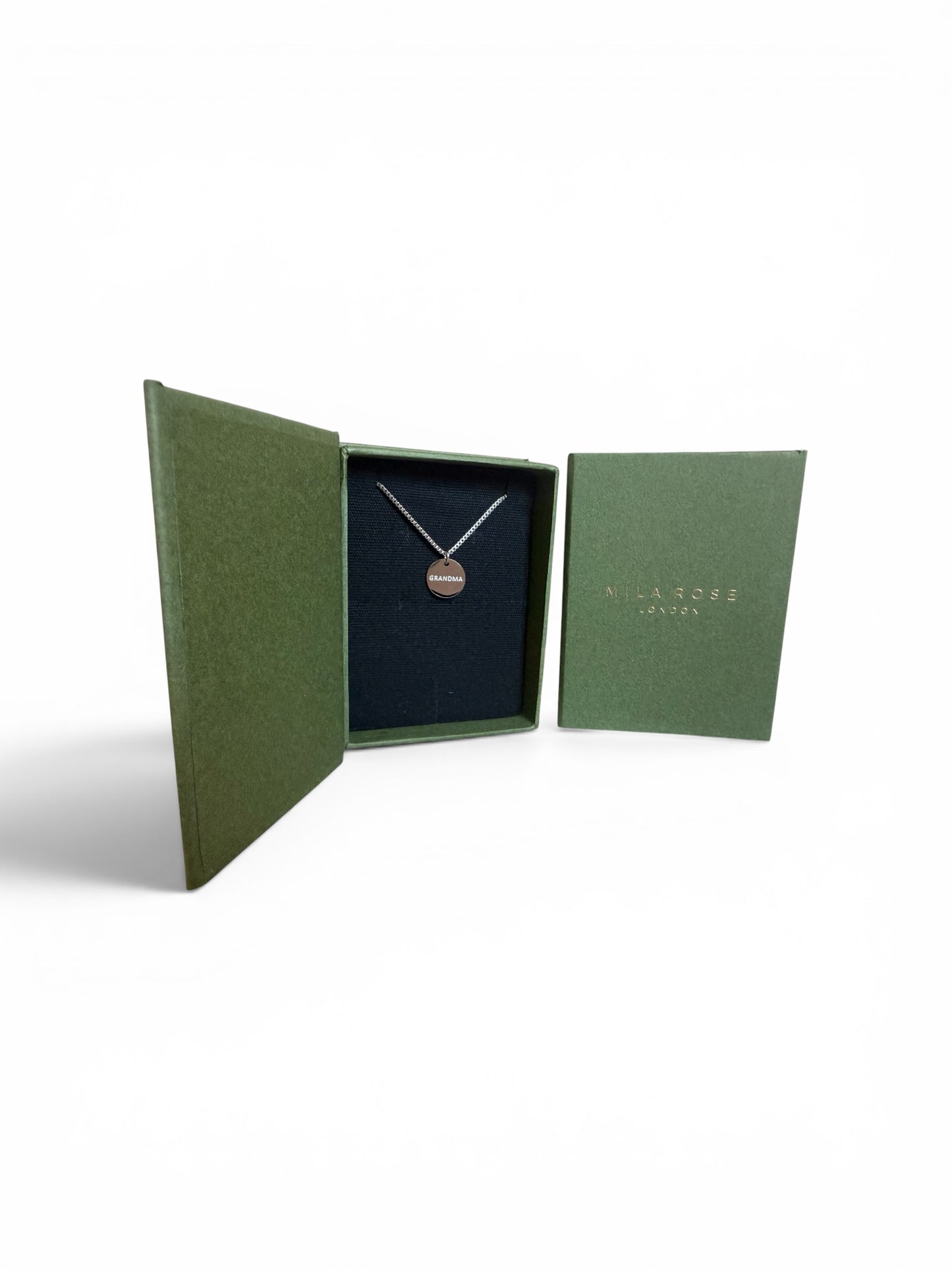 Mila Rose London Silver & Gold "GRANDMA" Disc Pendant Necklace with Luxury Gift Box and Card