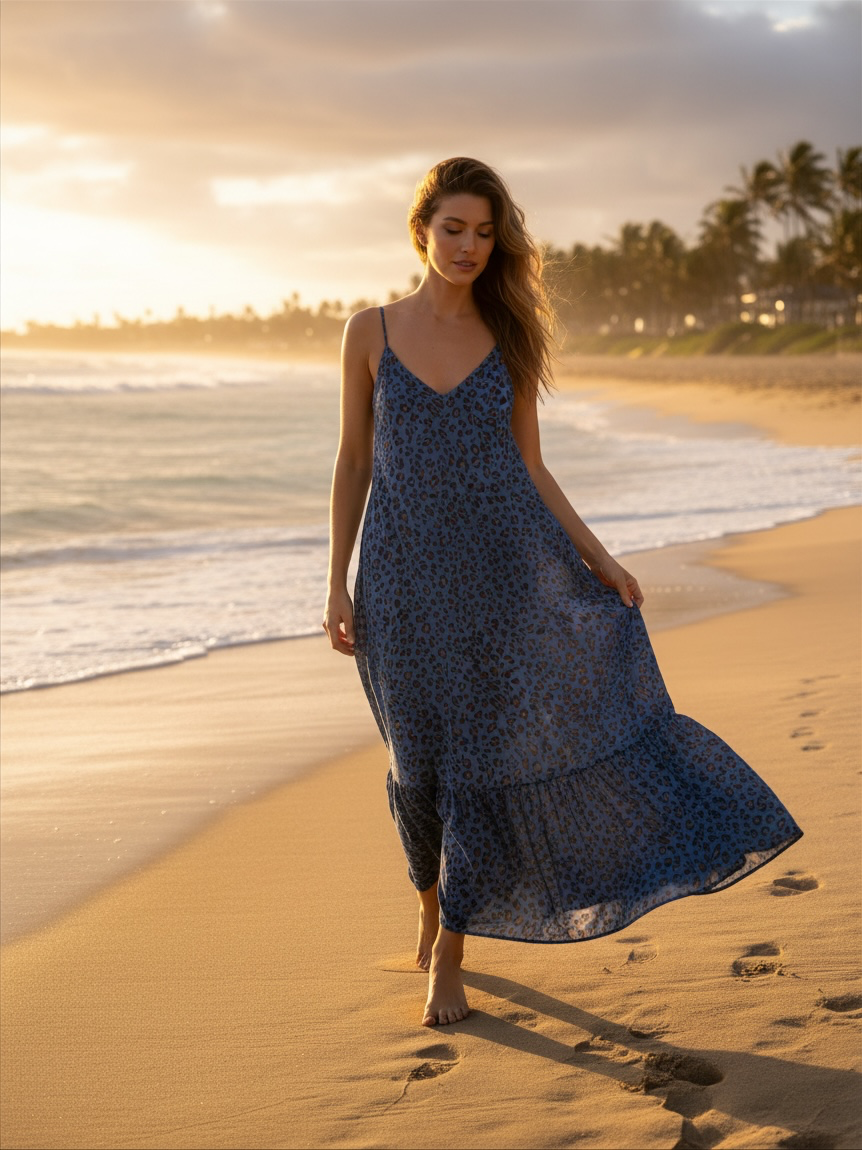 Blue Leopard Print V-Neck Tiered Cami Maxi Dress