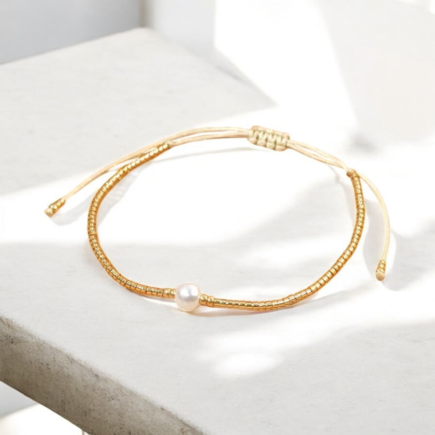 Gold Boho Tie Up Single Pearl Bracelet