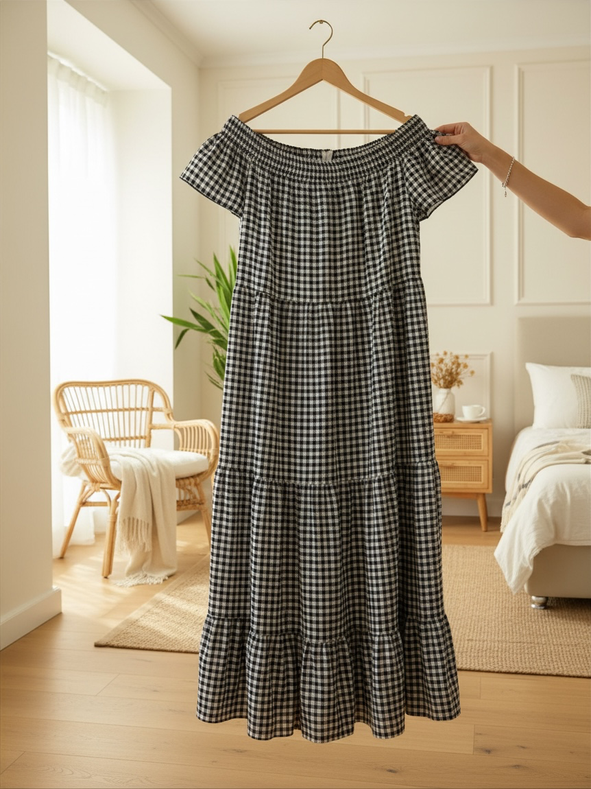 Black & White Gingham Off-The-Shoulder Tiered Midi Dress – Smocked Ruffle Sun Dress (Copy)