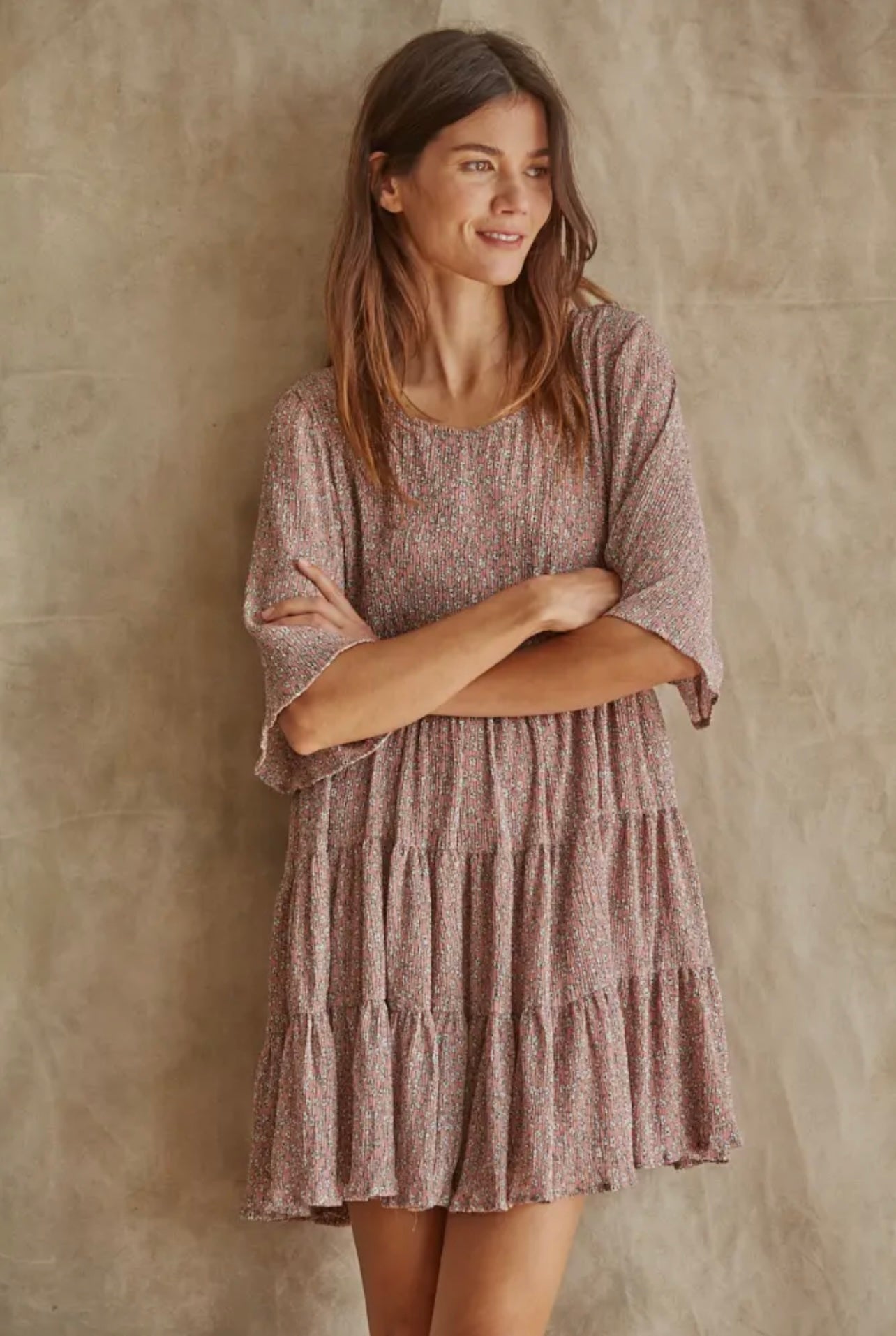 Floral woven tiered short sleeved dress