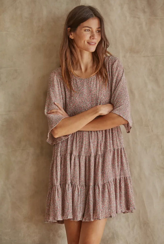 Floral woven tiered short sleeved dress