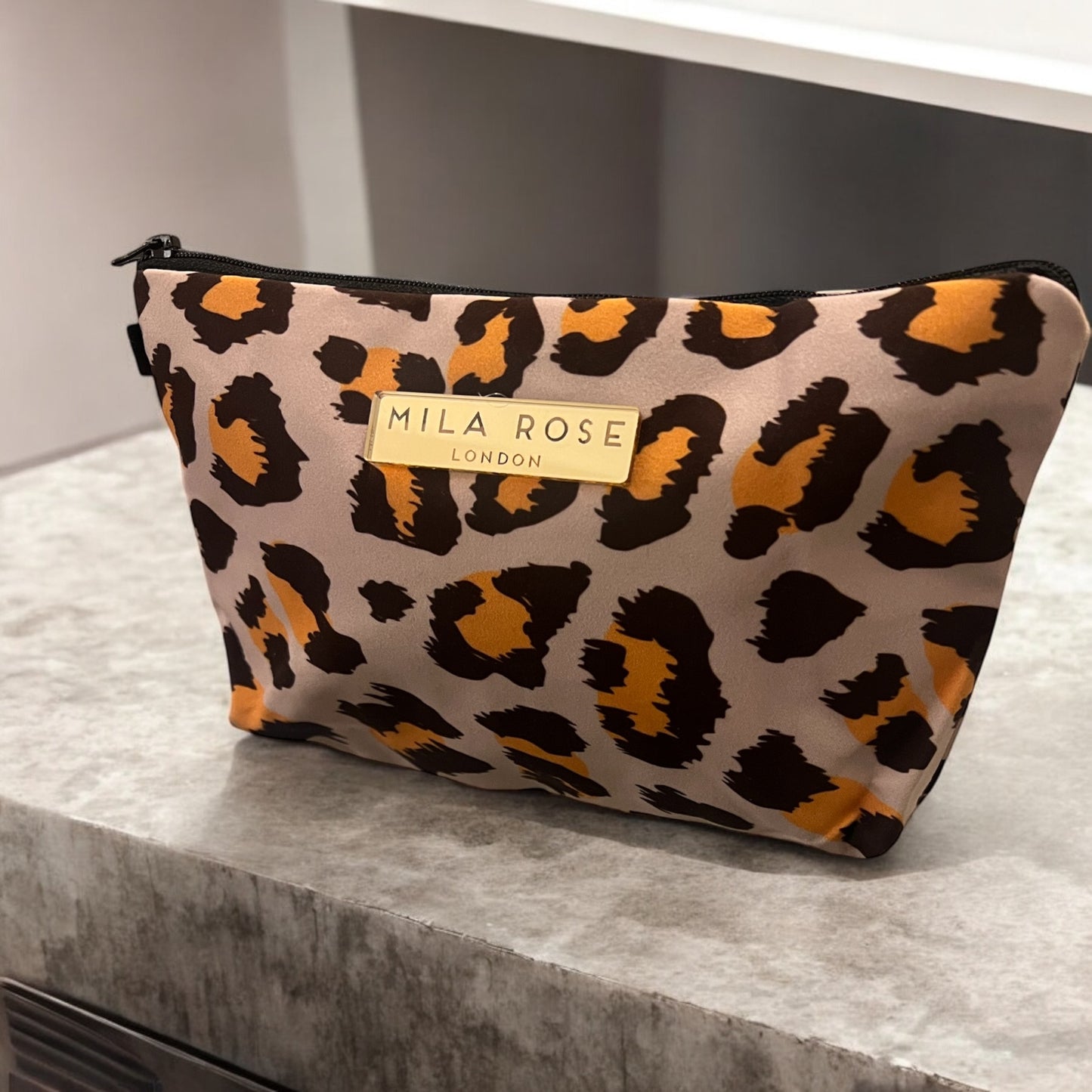 Cosmetic Pouch Brown Leopard Print with Gold Detail