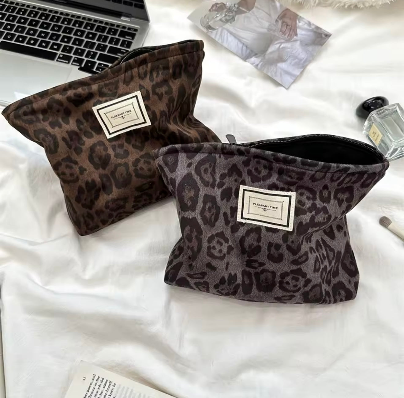 Leopard Print Cosmetic Makeup Pouch Grey