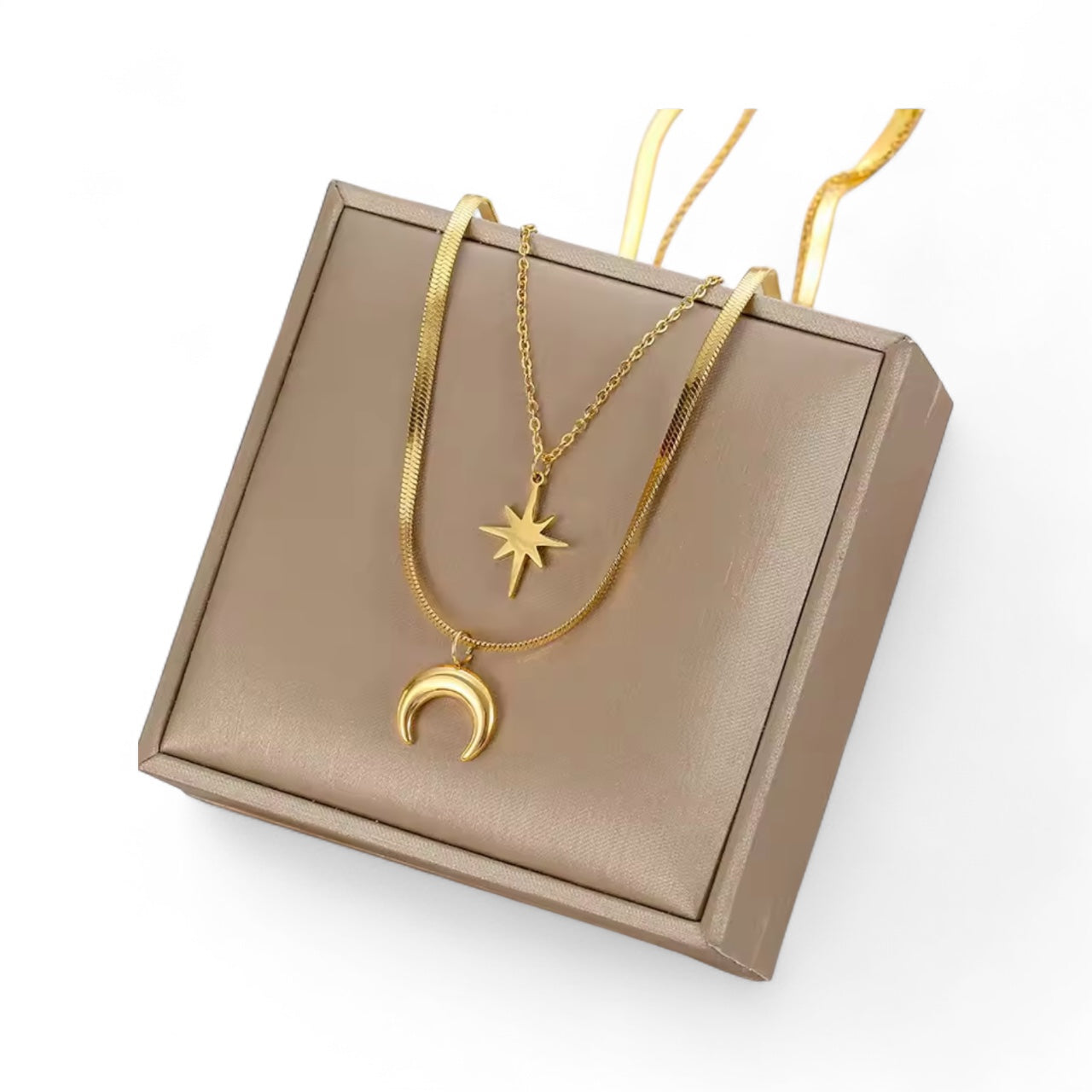 Gold Double Layer Star Moon Pendant Necklace
