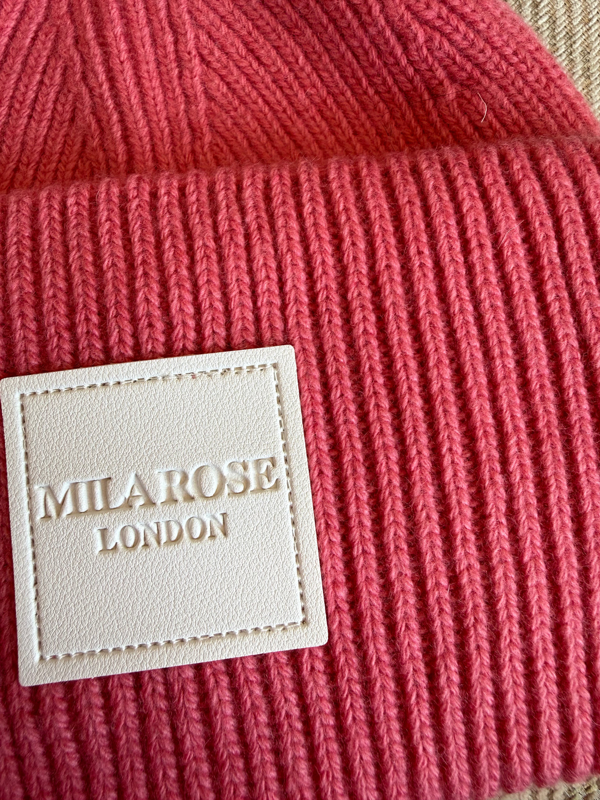 Mila Rose London Signature Patch Ribbed Knit Beanie – Rose Pink