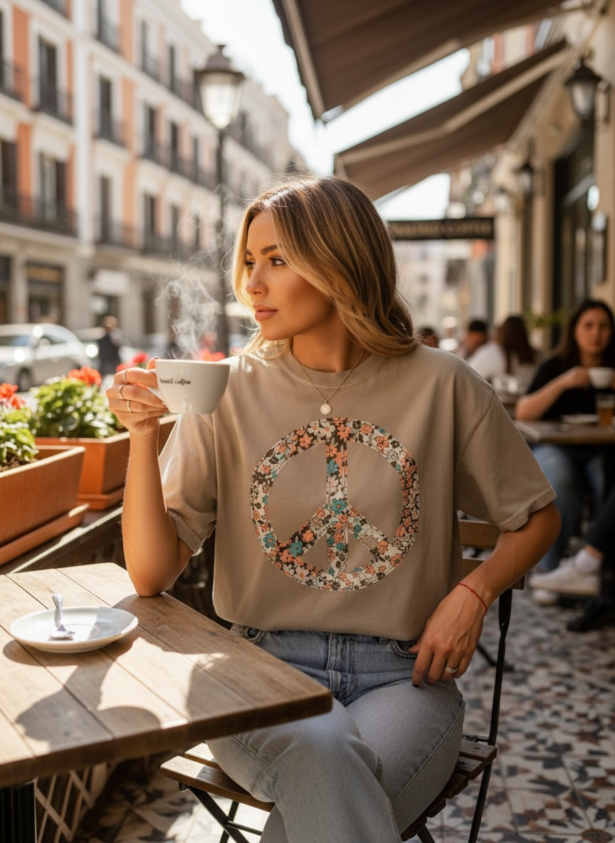 Peace Floral Quilted Oversized TShirt Dress in Tan