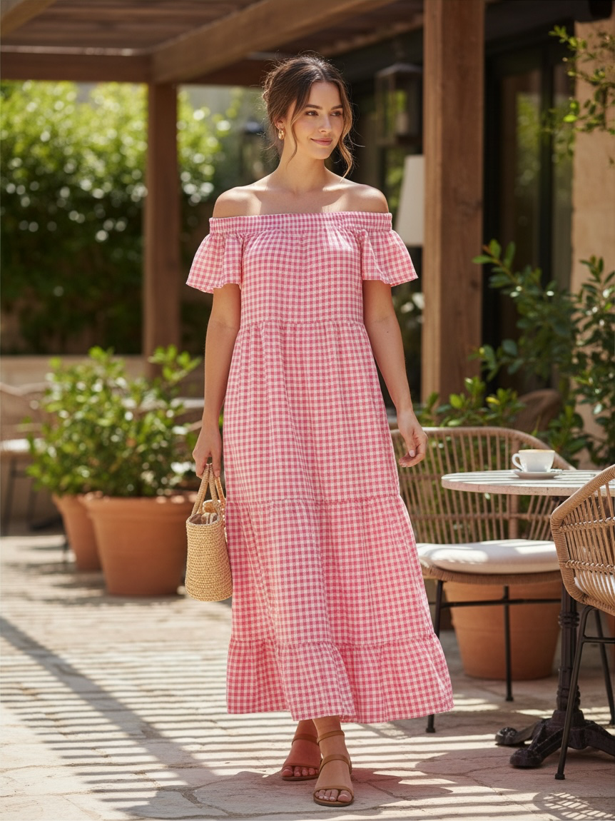 Pink Gingham Off-The-Shoulder Tiered Midi Dress – Smocked Ruffle Sun Dress