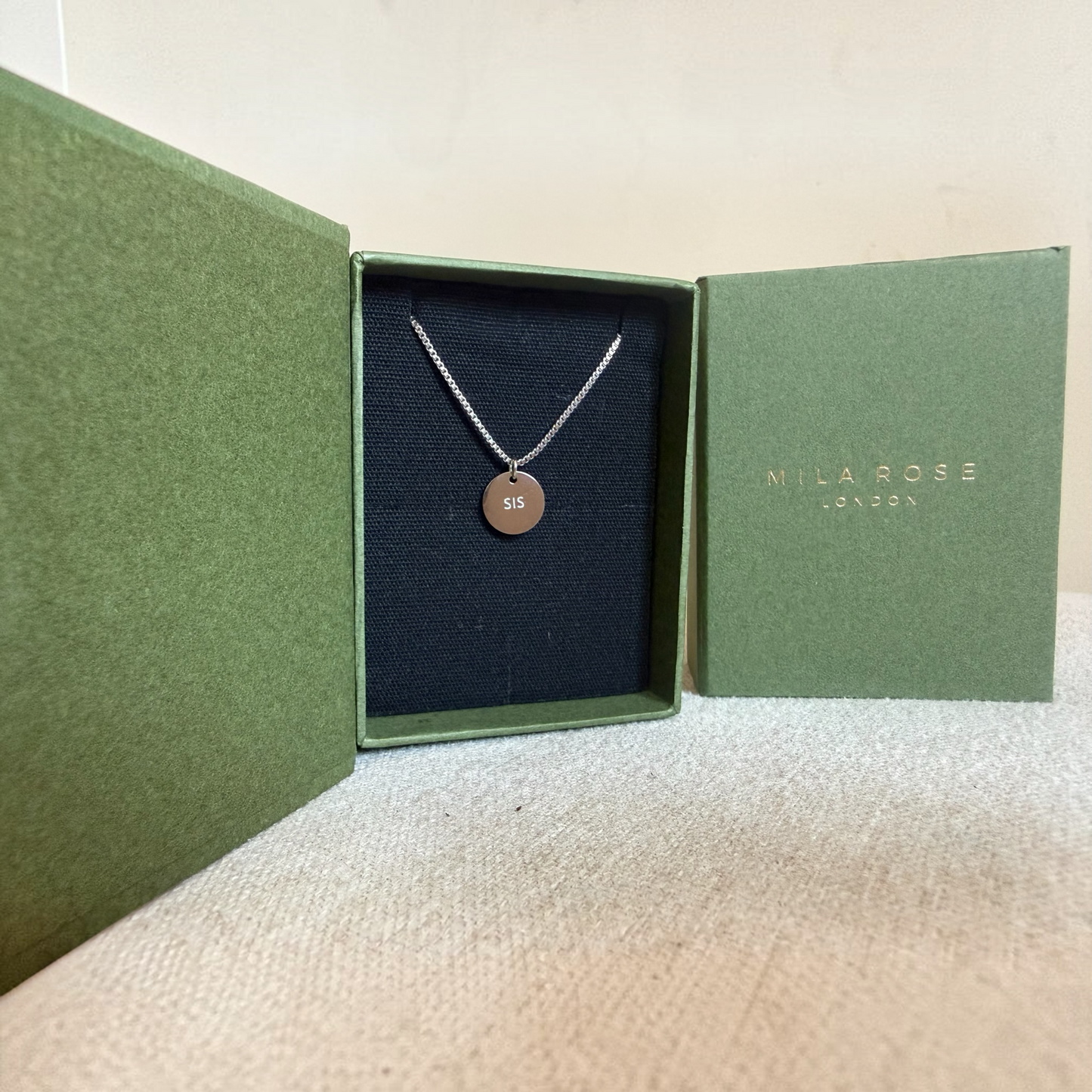 Mila Rose London Silver & Gold "SIS" Disc Pendant Necklace with Luxury Gift Box and Card