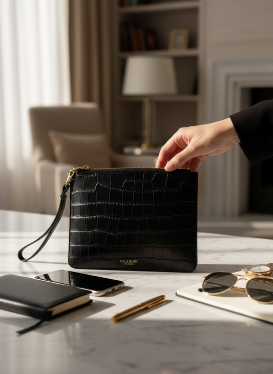 Leather Clutch Bag with Detachable Wrist Strap