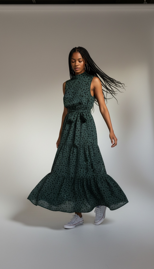 Dark Green Animal Print Mock Neck Tiered Maxi Dress