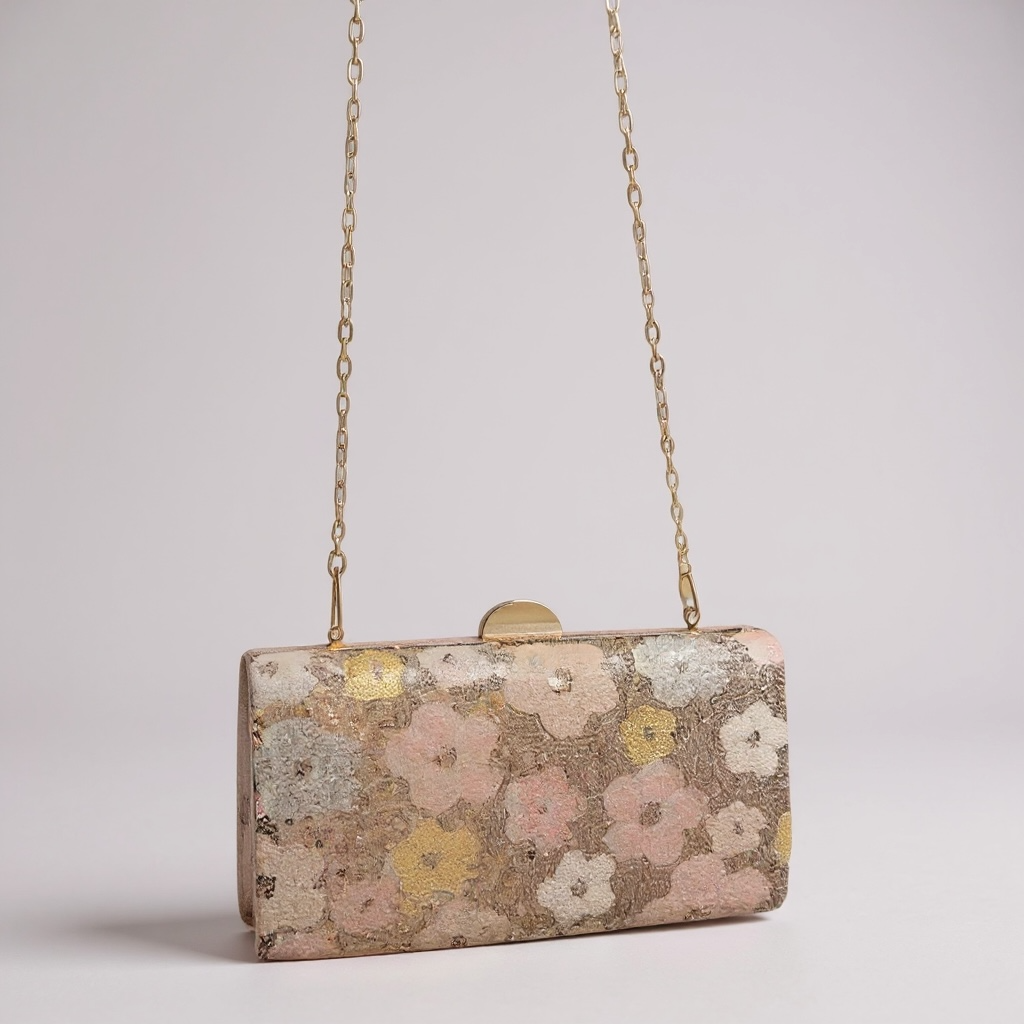 Golden Sequin Floral Evening Clutch Bag