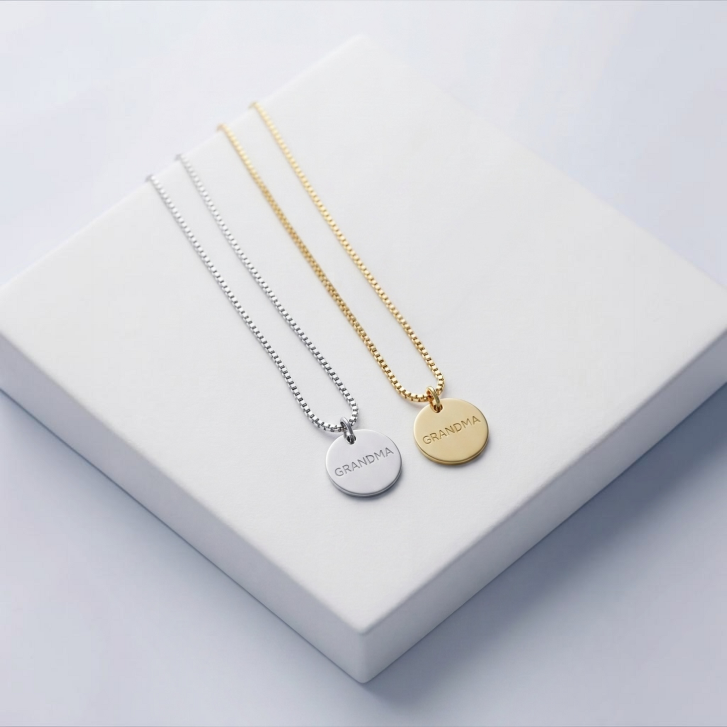 Grandma Engraved Necklace in Silver & Gold with Jewellery Gift Box & Bag