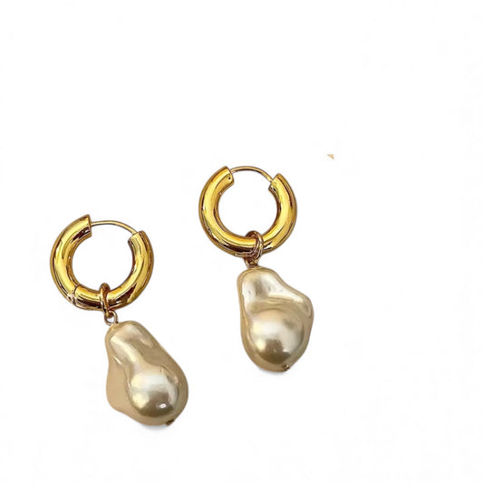 Pearl & Gold French Retro Elegant Pearl Hoop Design Drop Earrings