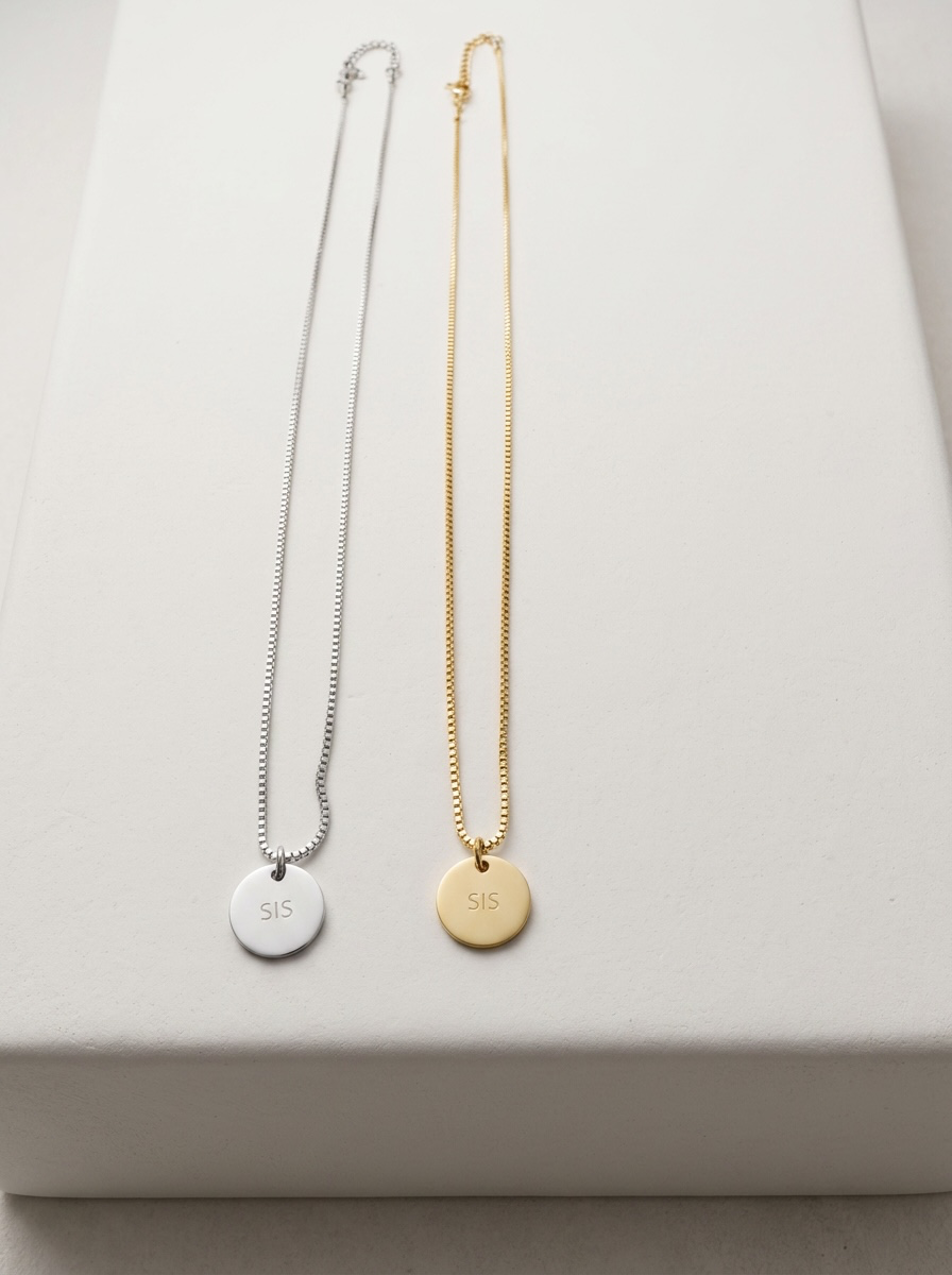 Sis Engraved Necklace in Silver & Gold with Jewellery Gift Box & Bag