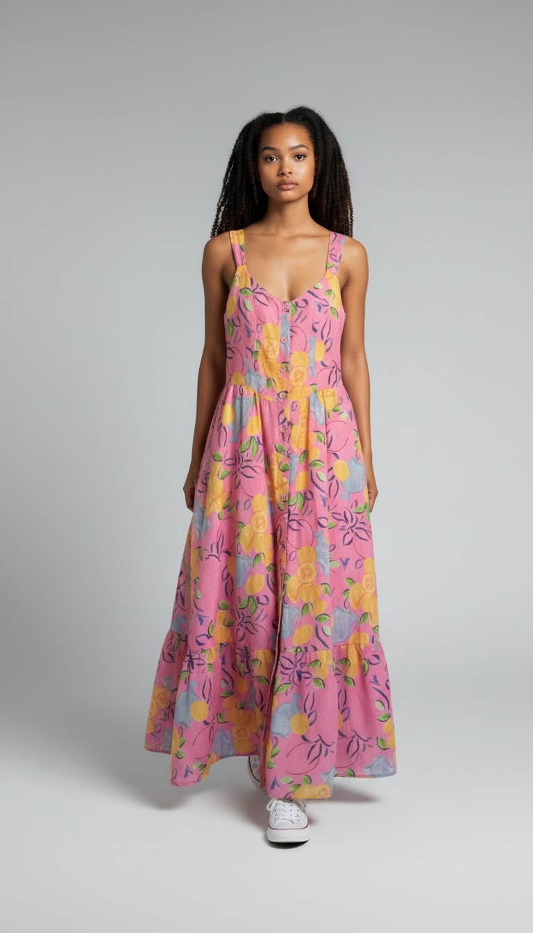 Pink Lemon Print Button-Front Tiered Midi Dress