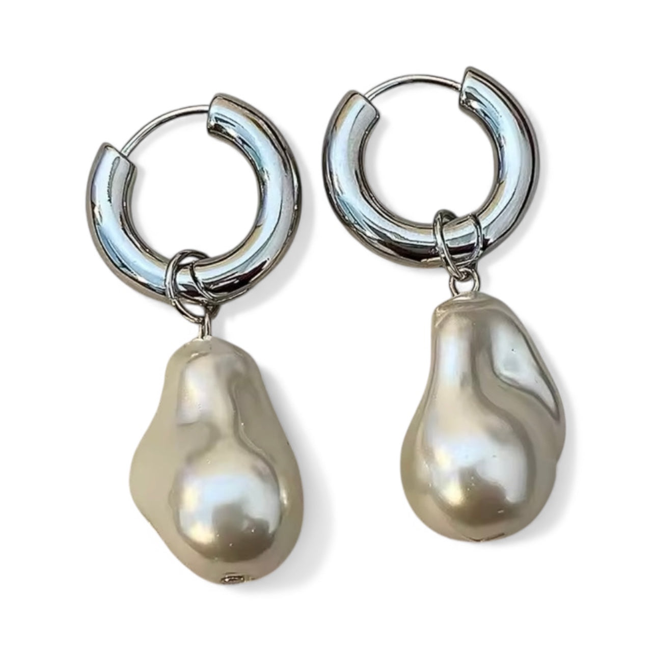 Pearl & Silver French Retro Elegant Pearl Hoop Design Drop Earrings