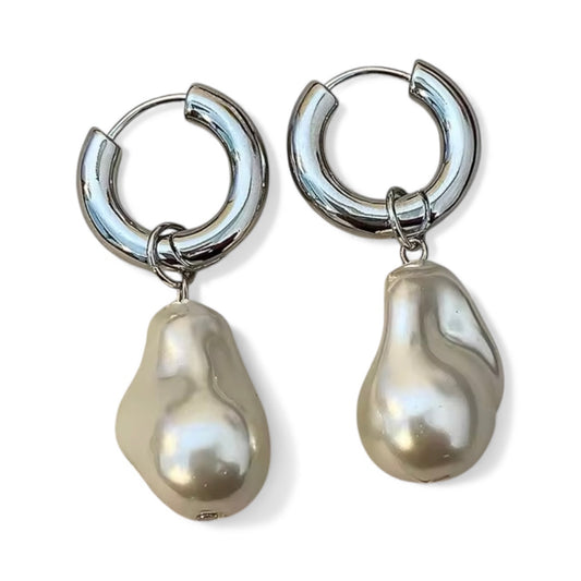 Pearl & Silver French Retro Elegant Pearl Hoop Design Drop Earrings
