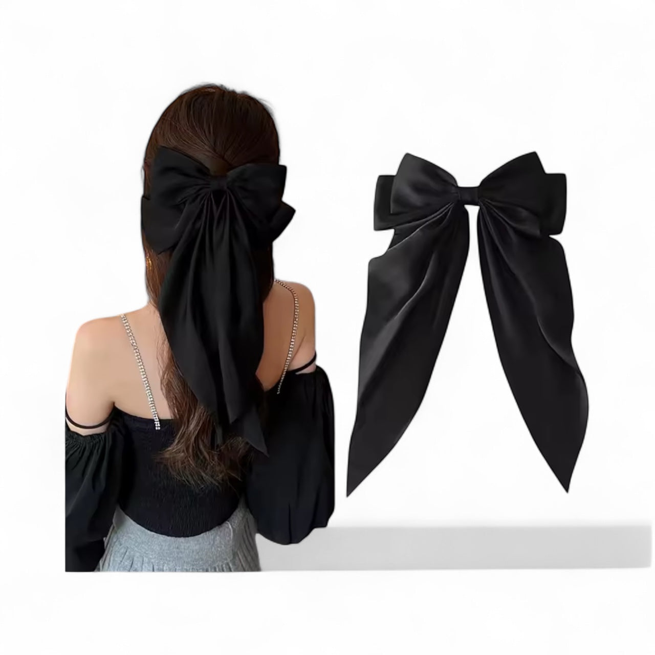 Christmas Black Satin Hairband Bow with Clip