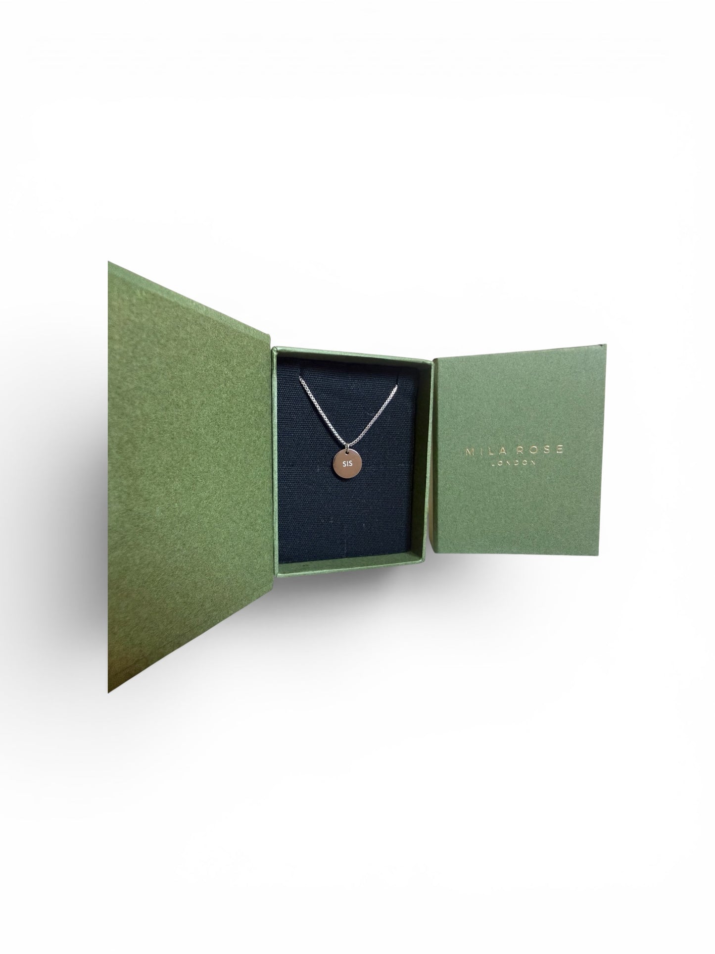 Mila Rose London Silver & Gold "SIS" Disc Pendant Necklace with Luxury Gift Box and Card