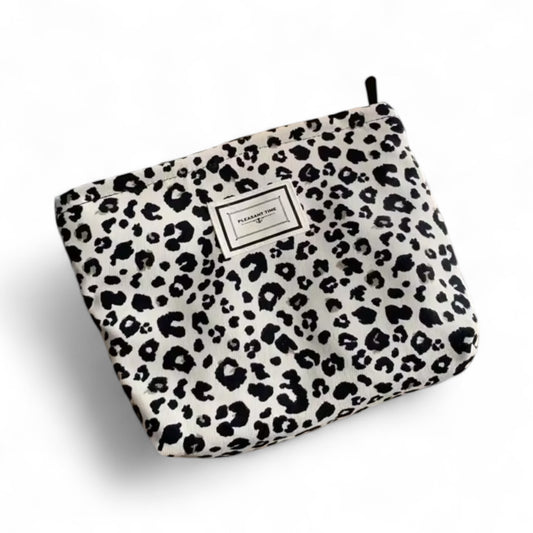 Cosmetic Makeup Pouch Black & White Leopard Print