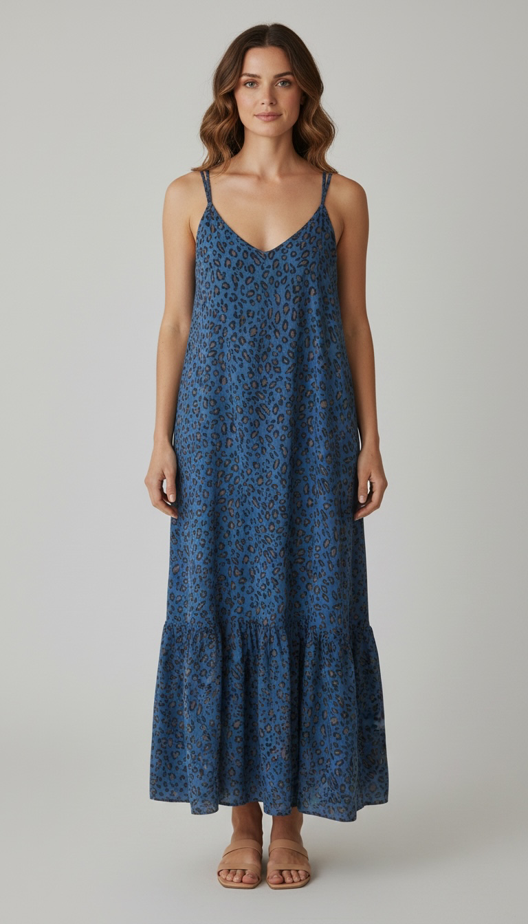 Blue Leopard Print V-Neck Tiered Cami Maxi Dress