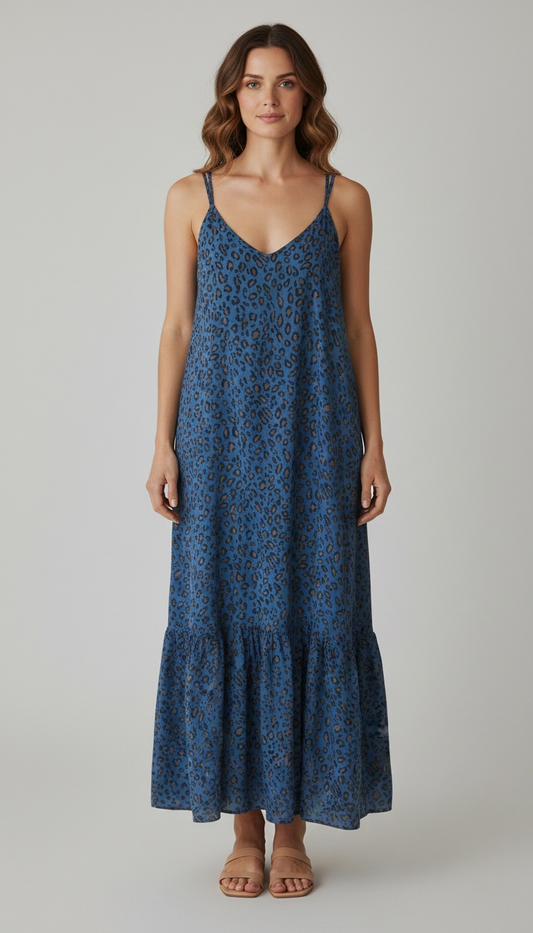 Blue Leopard Print V-Neck Tiered Cami Maxi Dress