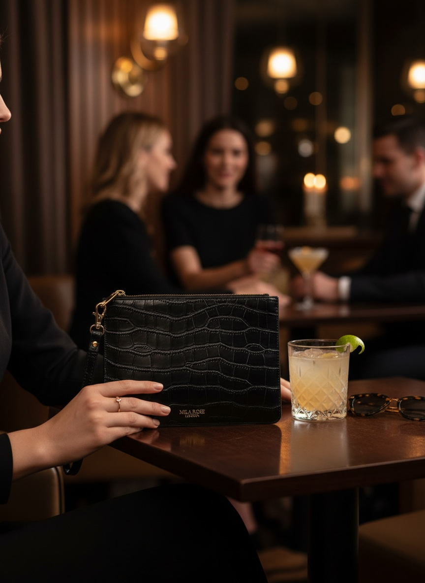 Leather Clutch Bag with Detachable Wrist Strap