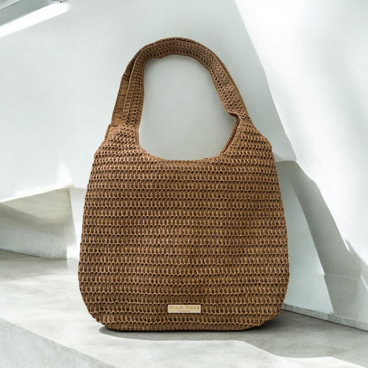Elegant Large Capacity Summer Straw Shoulder Bag in brown with Zipped Compartment by Mila Rose London