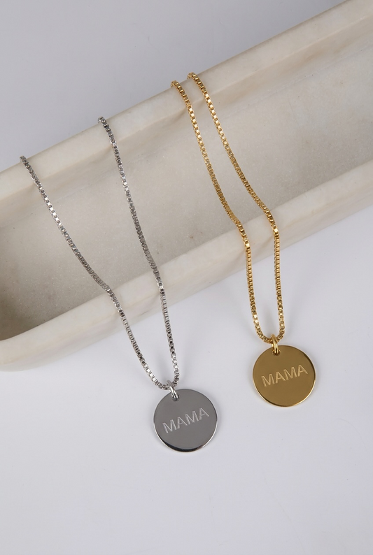 Mama Engraved Necklace in Silver & Gold with Jewellery Gift Box & Bag