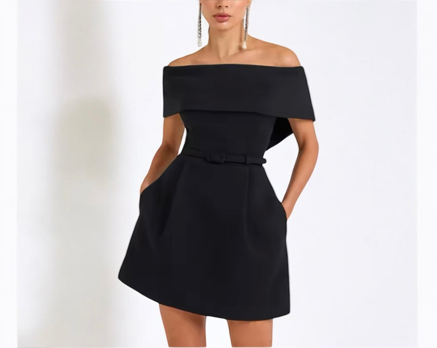 Madeline Mini Off Shoulder Backless Dress with Pockets & Detachable Belt