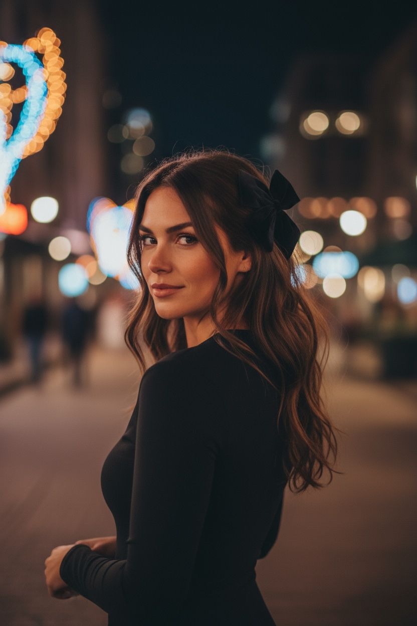 Velvet Black with Pearls Ribbon Bow Hair Clip Christmas Gifting