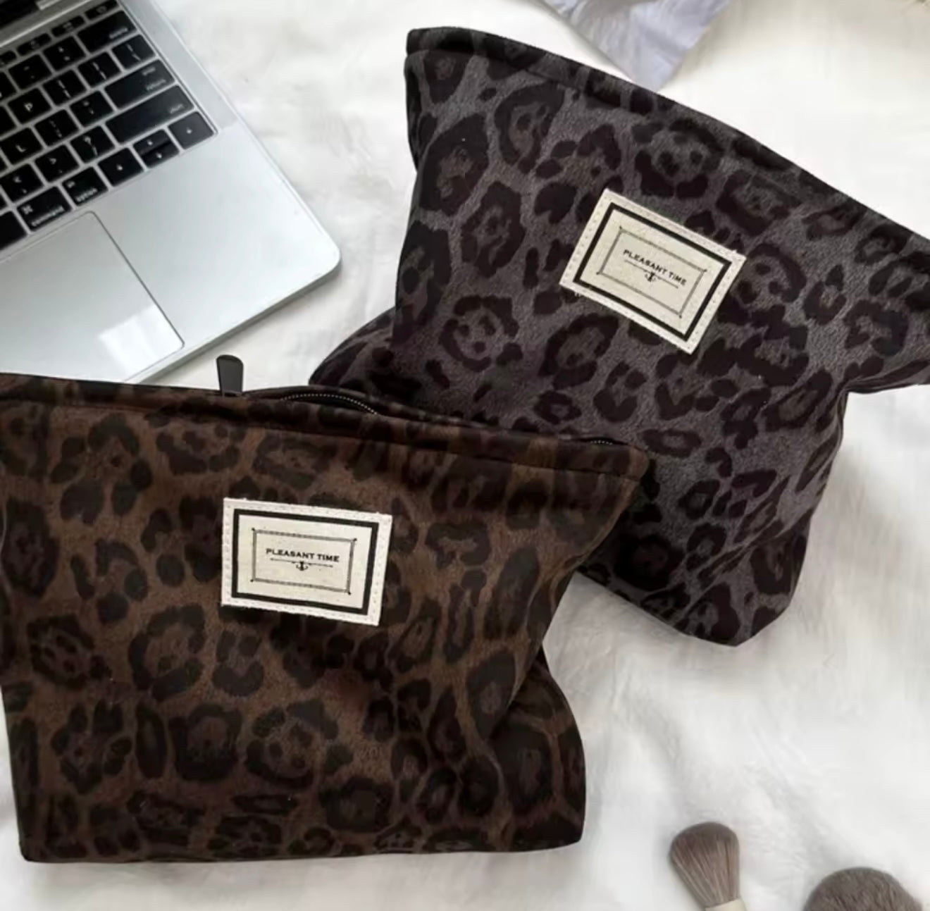 Leopard Print Cosmetic Makeup Pouch Grey