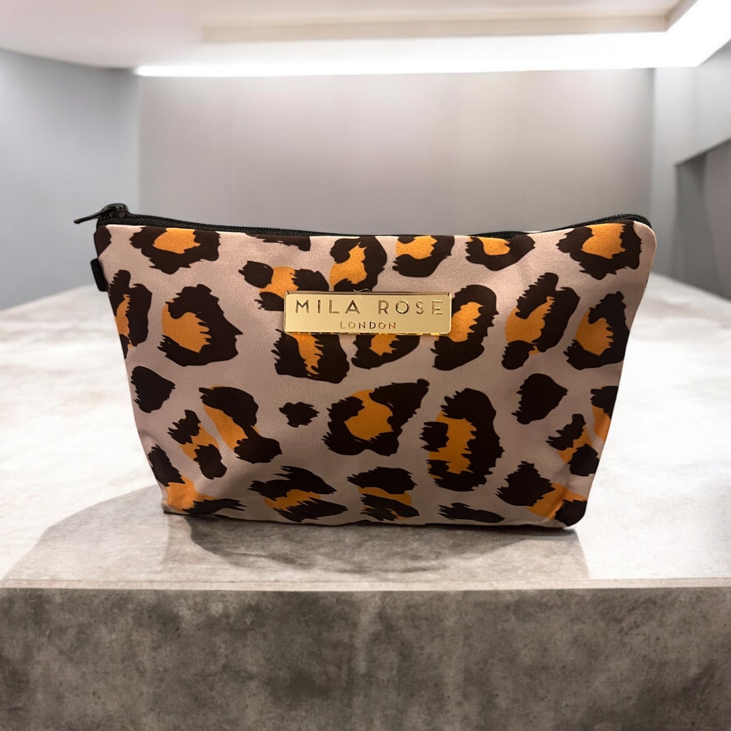 Cosmetic Pouch Brown Leopard Print with Gold Detail