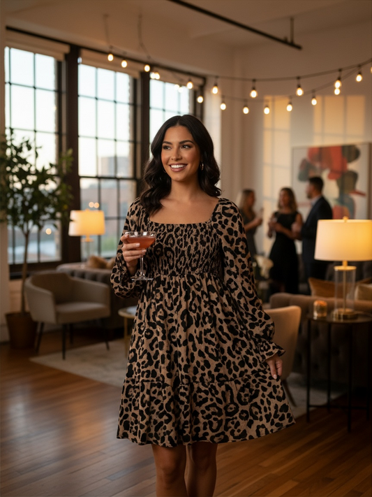 Leopard Print Smocked Long Sleeve Mini Dress – Square Neck Babydoll Dress