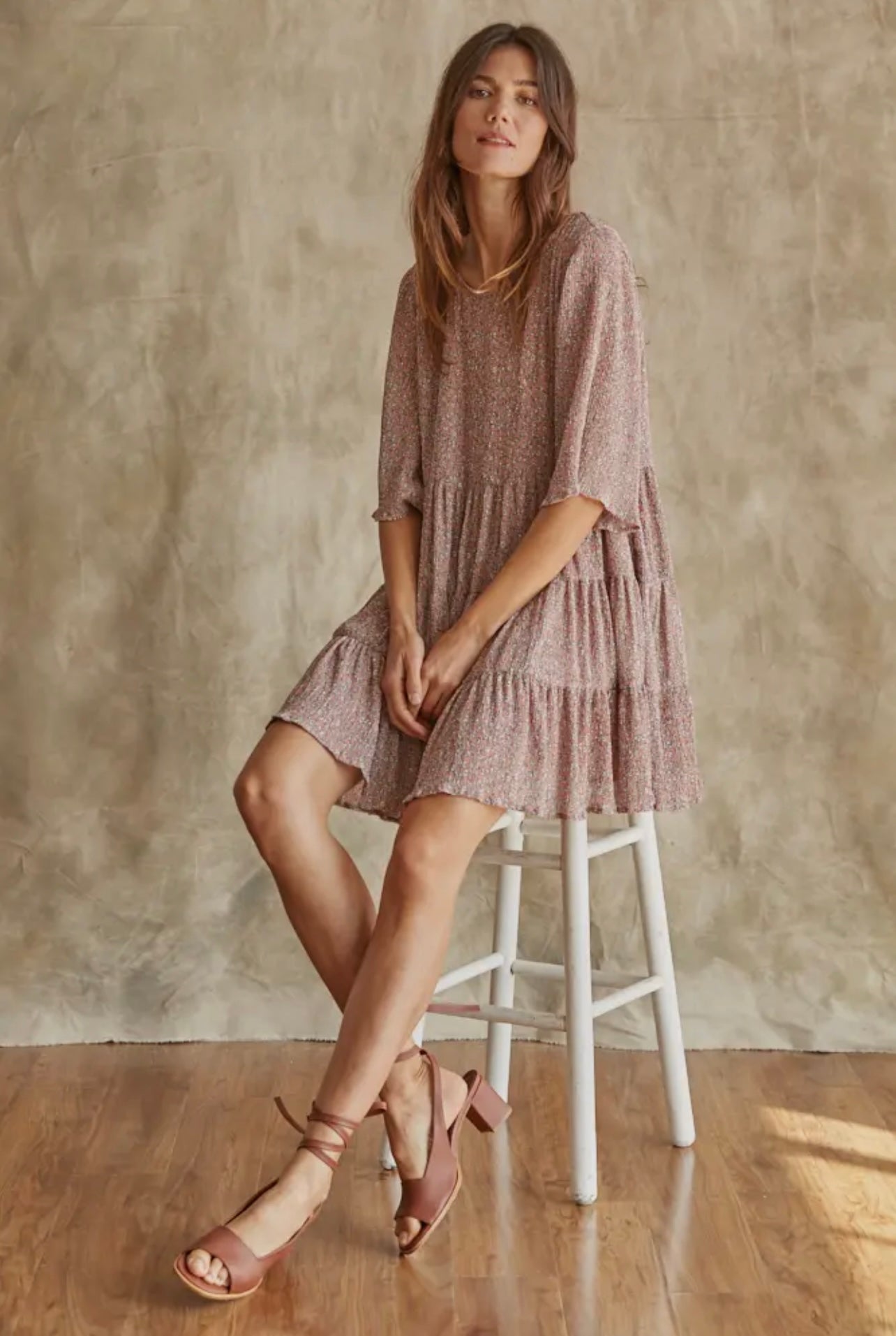 Floral woven tiered short sleeved dress