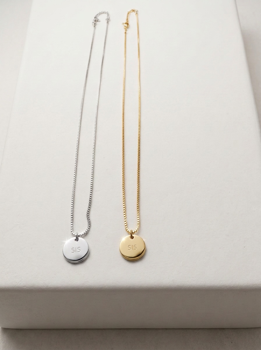 Sis Engraved Necklace in Silver & Gold with Jewellery Gift Box & Bag
