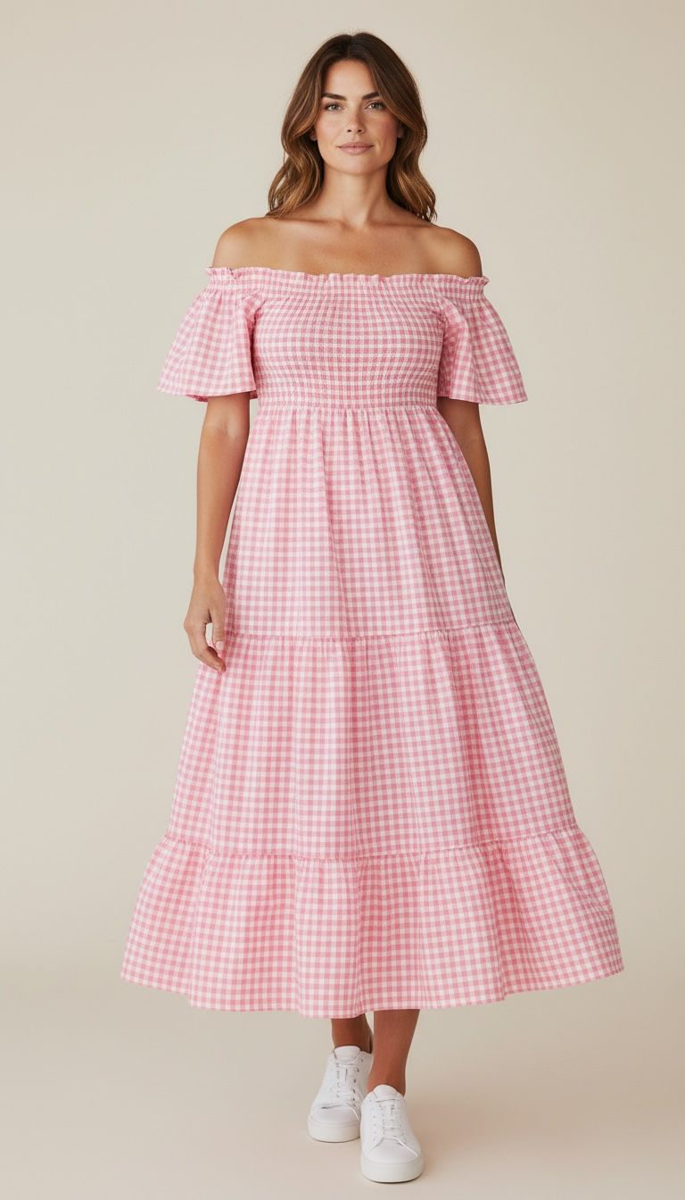 Pink Gingham Off-The-Shoulder Tiered Midi Dress – Smocked Ruffle Sun Dress