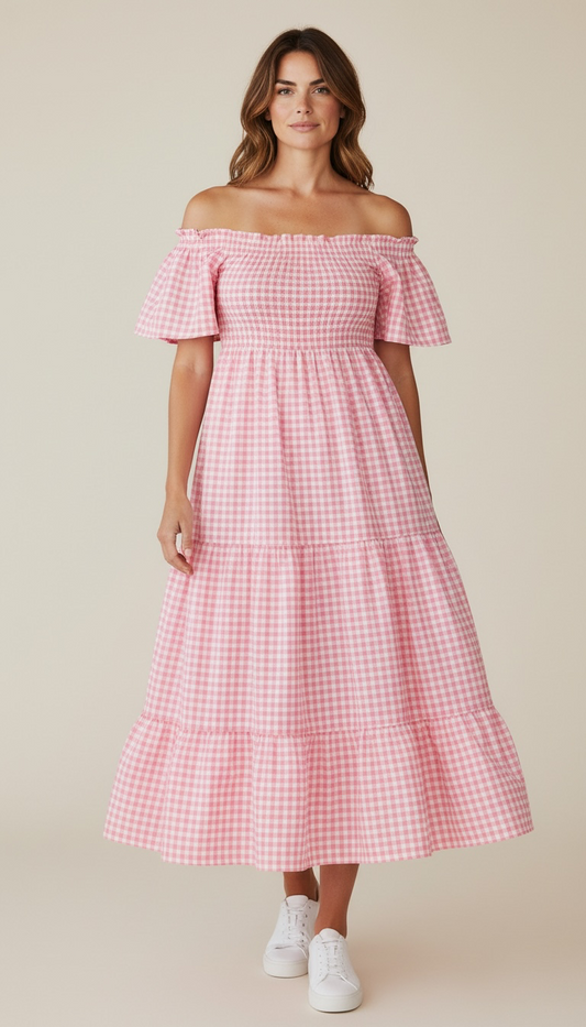 Pink Gingham Off-The-Shoulder Tiered Midi Dress – Smocked Ruffle Sun Dress