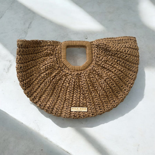 Chic Summer Half-Moon Brown Rattan Tote Bag by Mila Rose London