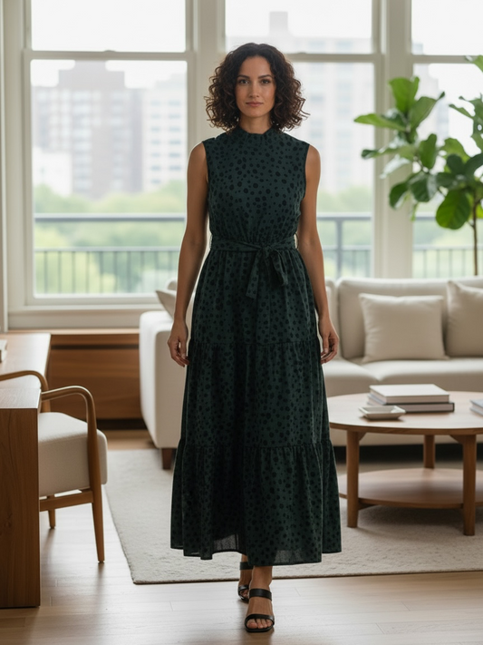 Dark Green Animal Print Mock Neck Tiered Maxi Dress