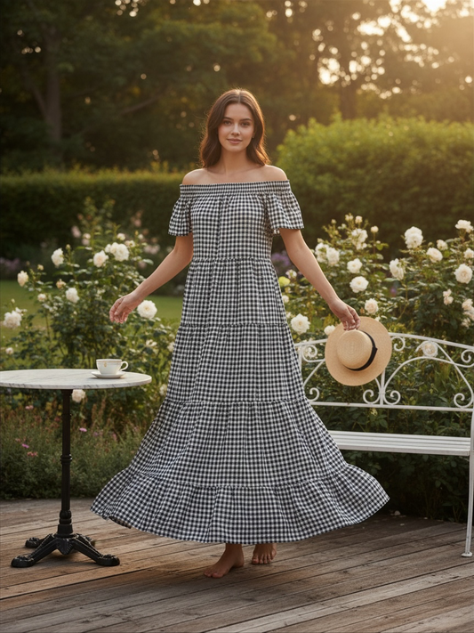 Black & White Gingham Off-The-Shoulder Tiered Midi Dress – Smocked Ruffle Sun Dress (Copy)