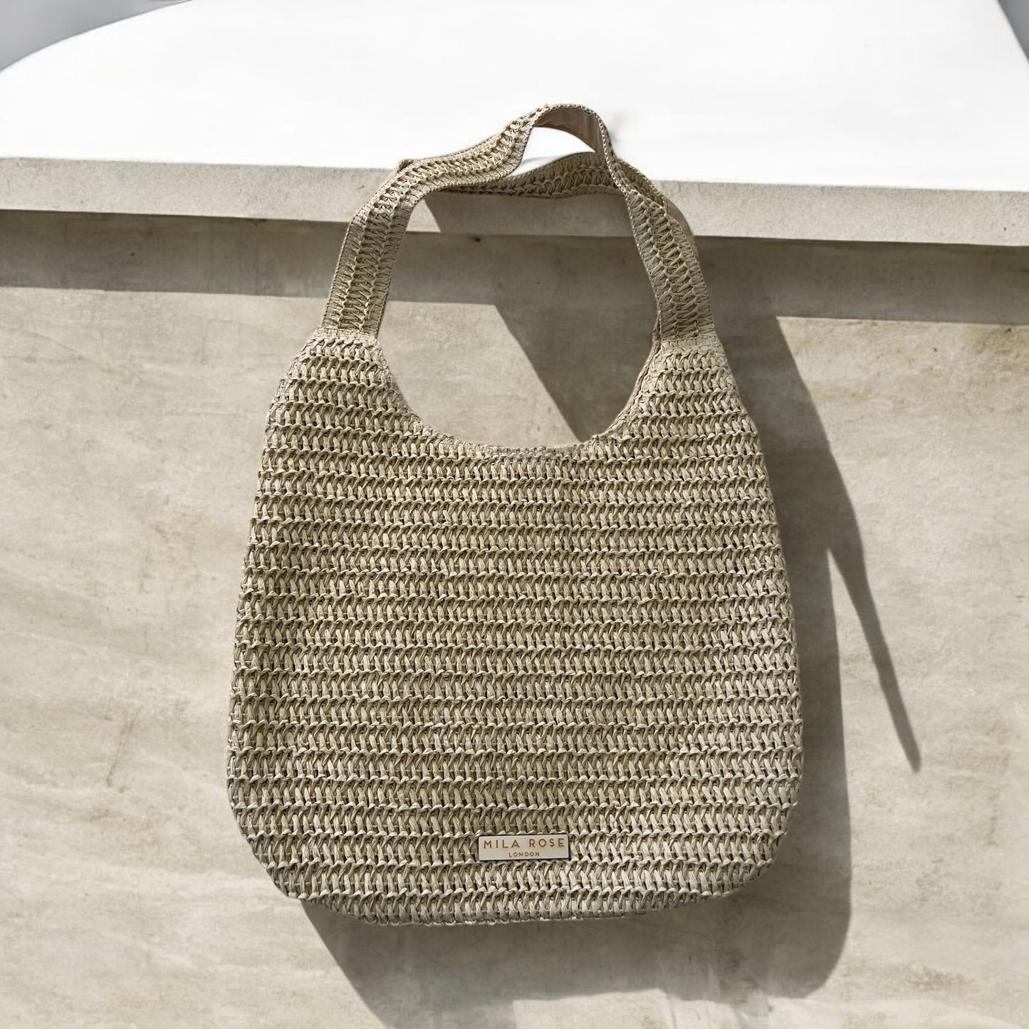 Elegant Large Capacity Summer Straw Shoulder Bag in sand with Zipped Compartment by Mila Rose London