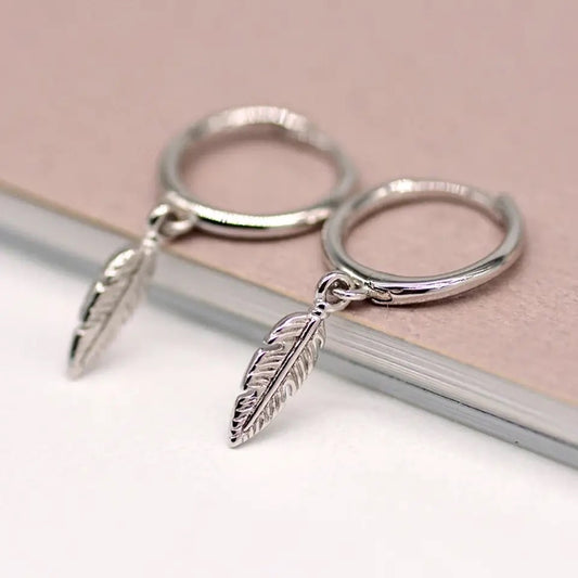 Feather Hoop Earrings in Silver