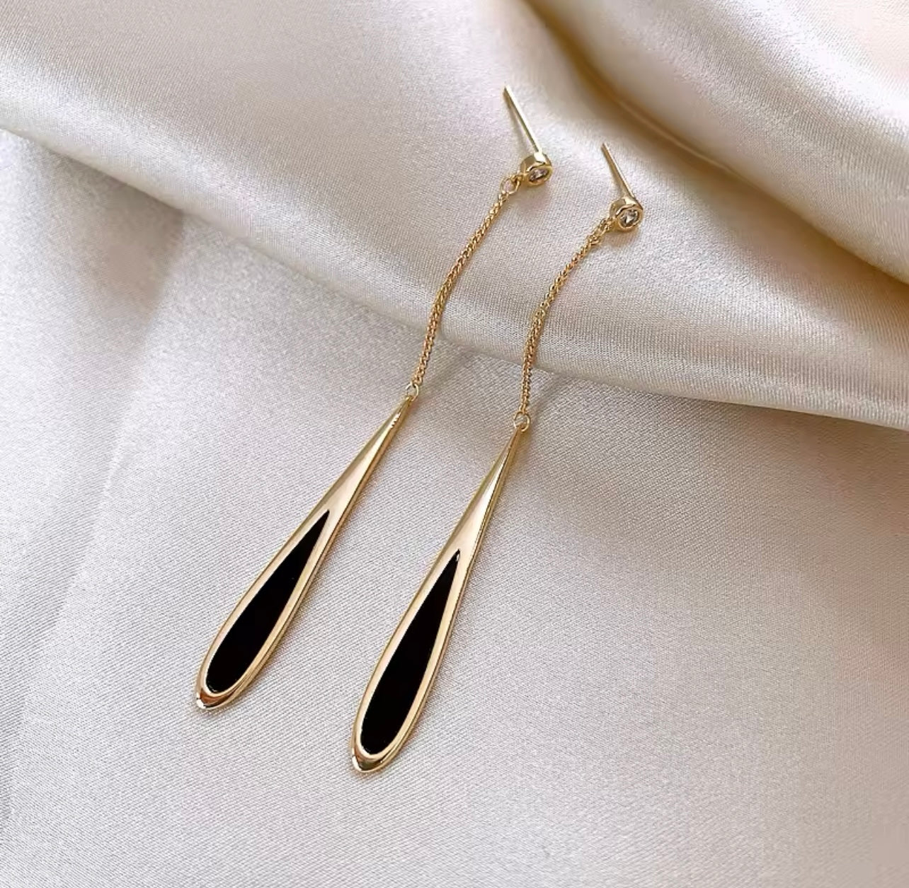 American Classic Black Drop Tassel Long Earrings in Gold