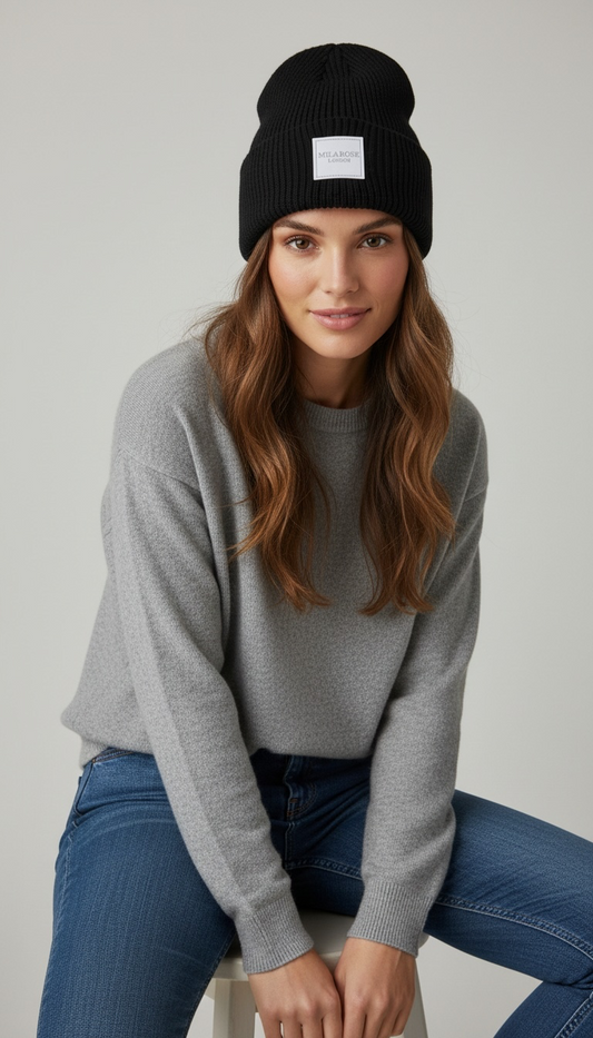Mila Rose London Ribbed Wool-Blend Beanie – Jet Black