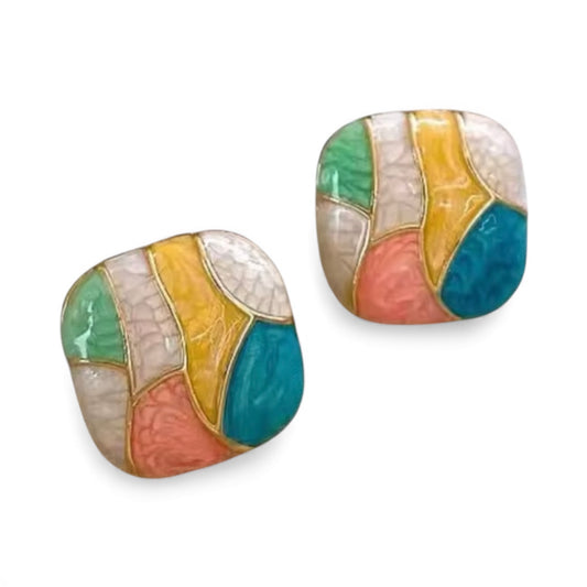 Square Contrast Dusky Color Stud Earrings Patchwork Earrings